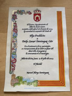 DIPLOMA EN PERGAMINO DE HIJA PREDILECTA -  Ayuntamiento de Alberite de San Juan