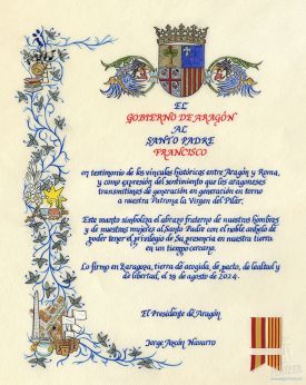 DIPLOMA PERGAMINO PARA EL SANTO PADRE FRANCISCO -  GOBIERNO DE ARAGÓN