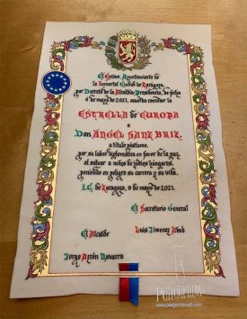 DIPLOMA EN PERGAMINO AYUNTAMIENTO DE ZARAGOZA- PREMIO ESTRELLA DE EUROPA