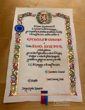 DIPLOMA EN PERGAMINO AYUNTAMIENTO DE ZARAGOZA- PREMIO ESTRELLA DE EUROPA